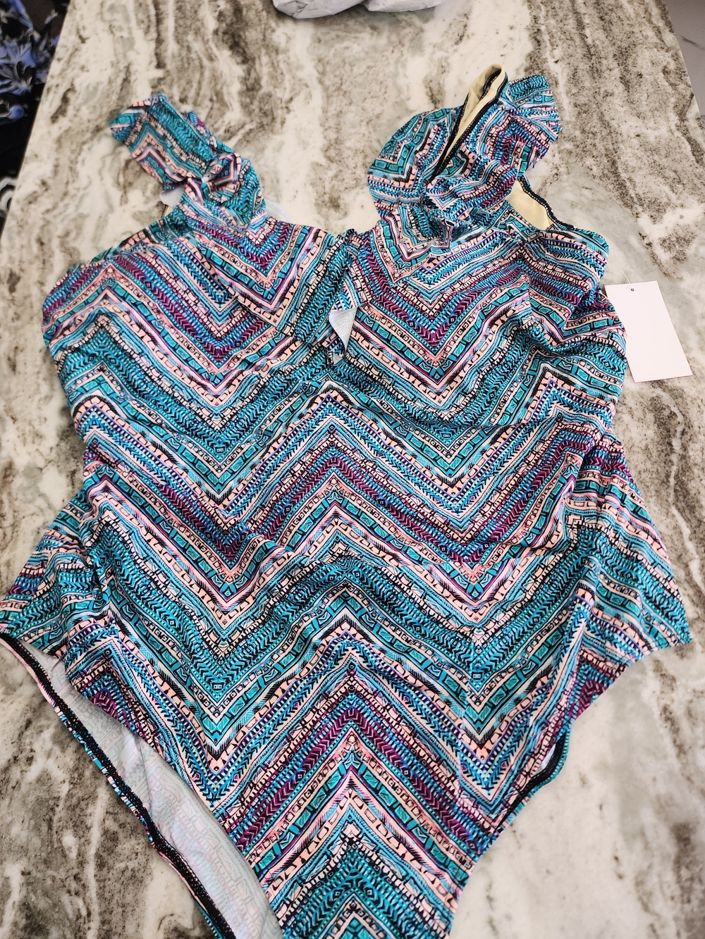 Swimsuits For All Chevron Print One-Piece Swimsuit in Teal and Pink New With Tag